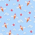 Seamless vector pattern with flying winged hearts and ice cream cones on a background of blue sky with clouds